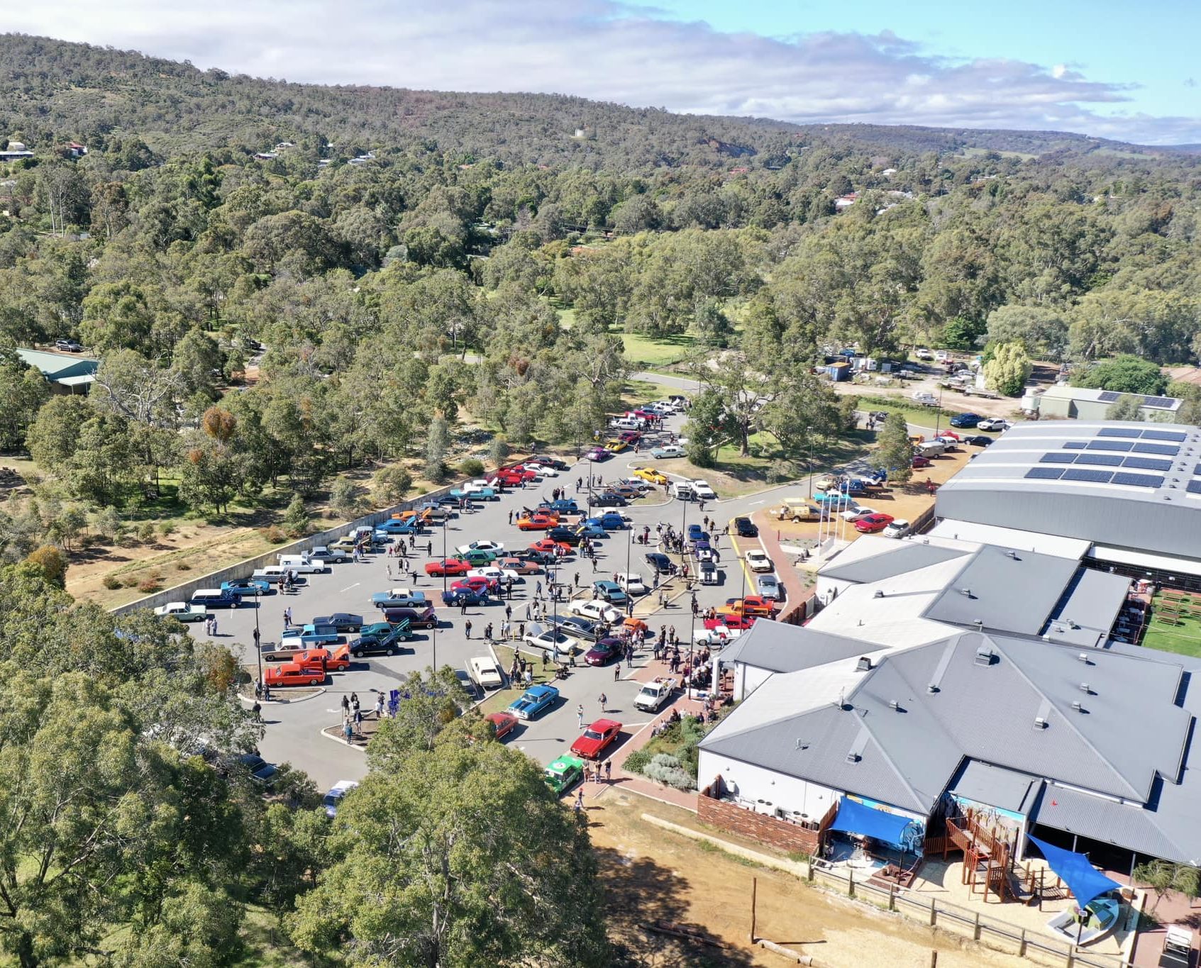 Aerial view of car show event at Byford District Country Club