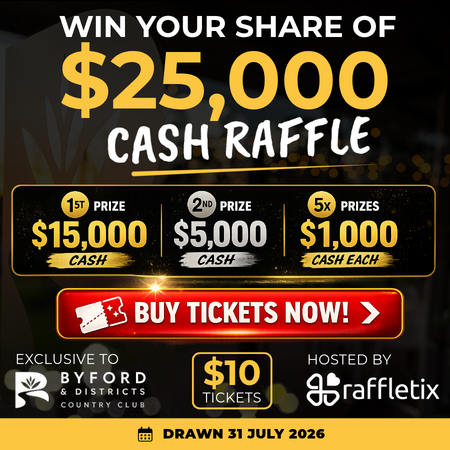 Promotional raffle banner: win $25,000 cash raffled, with 1st prize $15,000, 2nd $5,000, five $1,000 prizes—Buy Tickets Now; drawn July 31, 2026.